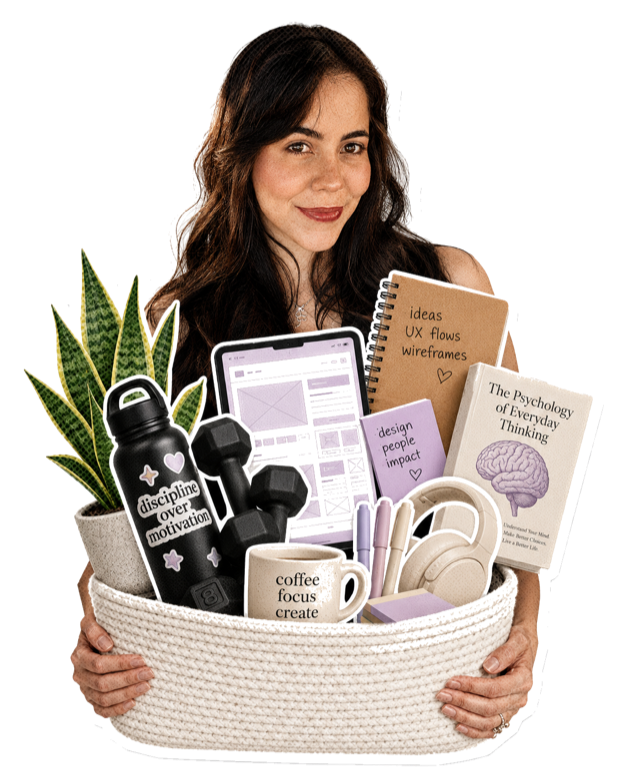 Bruna holding a basket of design, psychology and training objects