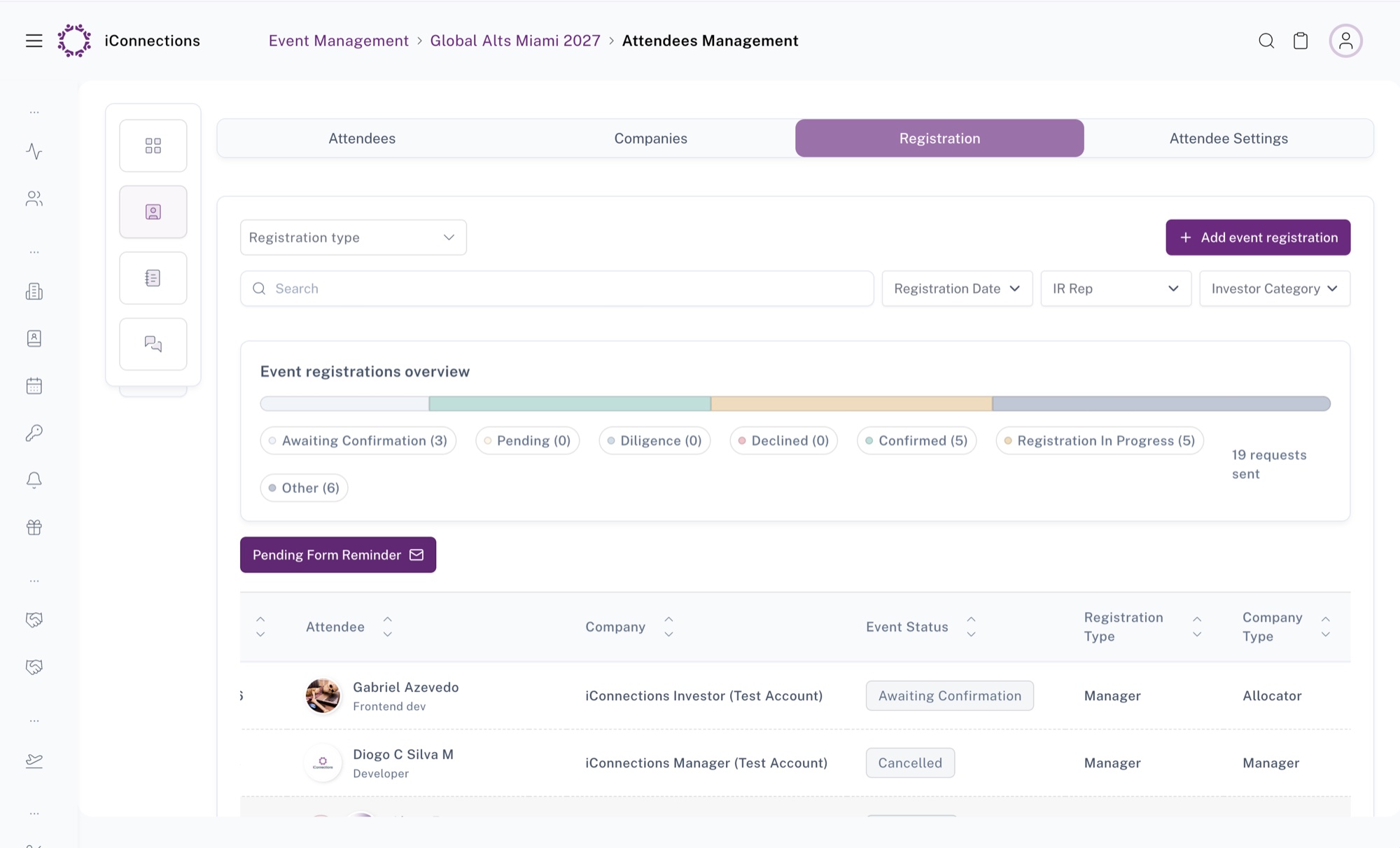 The legacy registration overview with status counts