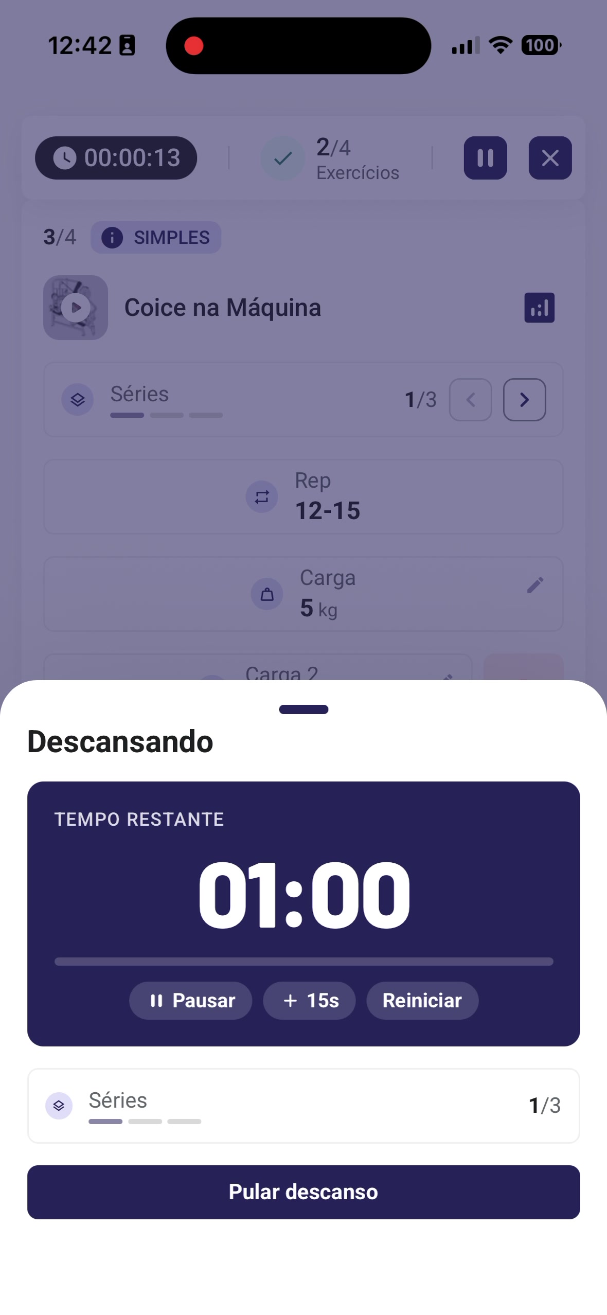 Rest timer as a sheet with pause, plus 15 seconds and restart